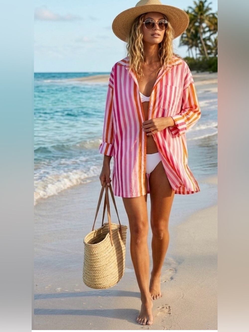 NWT beach riot Alexa button down stripe beach shirt L/XL 100% cotton